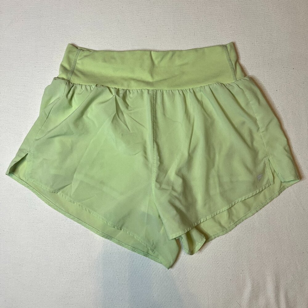 Fabletics Pale Green Athletic Shorts with fitted inner shorts with pockets Small